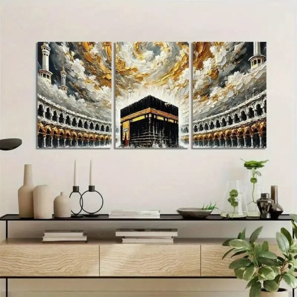 0c8a985425bf3761d5adad705b9228c4 Khana Kaba Wooden Wall Art – 3 Piece Islamic Frame Set Made With Wooden Stickytile, Each Frame 8x11 Inches, Easy To Install With Included Double Tape