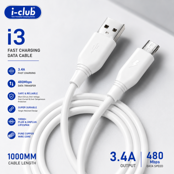0fe3ac75836dd7278609fdad5e8eaef2 i-Club i3 3.4A Fast Charging Micro USB Cable | 1 Meter | 480Mbps Data Sync | Android Charging Cable