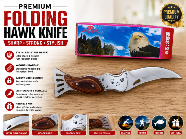 11129c0e003380a3a64653eaa3886b50 Premium Folding Hawk Knife - AS-368 Featuring A high-quality stainless steel blade and an ergonomic wooden handle