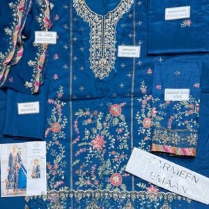 18dd4d12530438ad37029ad96142d35a Zarmeen Emaan Fancy Embroidered Shirt Front Back Sleeves Laces Daman Patch Handmade Neckline With Lawn Trouser And Pure Bamber Chiffon Dupatta