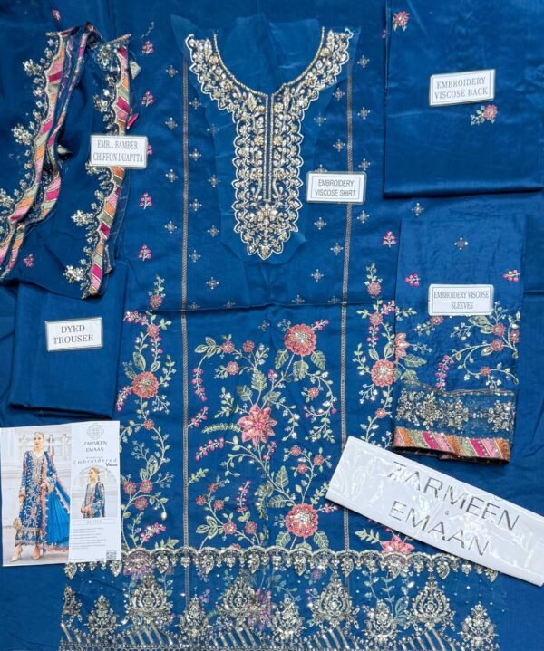 18dd4d12530438ad37029ad96142d35a Zarmeen Emaan Fancy Embroidered Shirt Front Back Sleeves Laces Daman Patch Handmade Neckline With Lawn Trouser And Pure Bamber Chiffon Dupatta