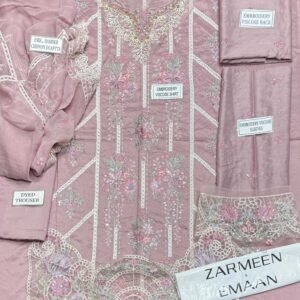 1a55339f12bcb2a70893ebb8c762564b Zarmeen Emaan Article 1776 Luxury Embroidered Shirt Front Back Sleeves Neckline Daman Patch Premium Viscose Trouser Pure Bamber Chiffon Dupatta