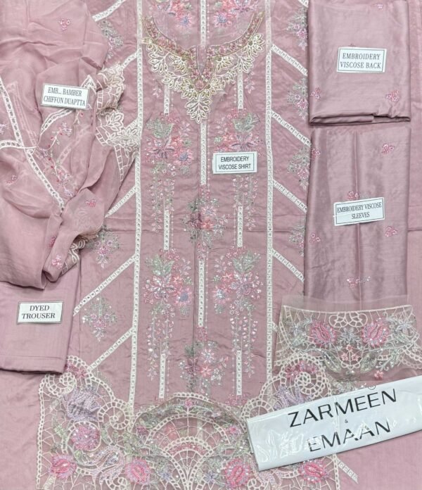 1a55339f12bcb2a70893ebb8c762564b Zarmeen Emaan Article 1776 Luxury Embroidered Shirt Front Back Sleeves Neckline Daman Patch Premium Viscose Trouser Pure Bamber Chiffon Dupatta