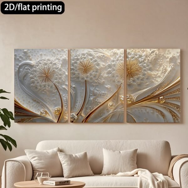 Luxury 3-Piece Floral Wall Frame Set – Gold & Pearl Dandelion Art on Textured Background