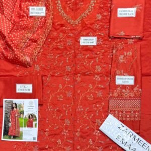 1eb436a0ec167b8c14f47abbf9110e89 Zarmeen Emaan Fancy Embroidered Shirt Front Back Sleeves Daman Patch Neckline With Premium Viscose Trouser And Printed Embroidered Dupatta