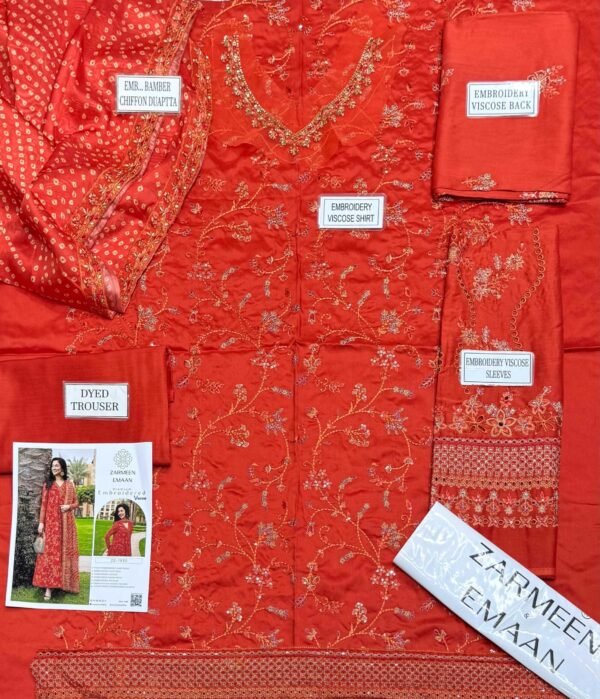 Zarmeen Emaan Fancy Embroidered Shirt Front Back Sleeves Daman Patch Neckline With Premium Viscose Trouser And Printed Embroidered Dupatta