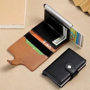 200f28f81c212894de5ebcaa107f43d1 Slim Metallic Pop-Up Card Holder – Minimalist RFID Blocking Wallet with Leather Wrap (Black)