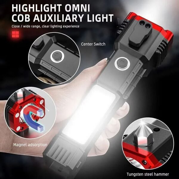21830c858692a75c18925465c91f29ec High-Power LED Torch Light - Rechargeable Flashlight With Tactical Hammer And Power Bank - Electronic Accessory Designed For Illumination And Daily Utility Routine