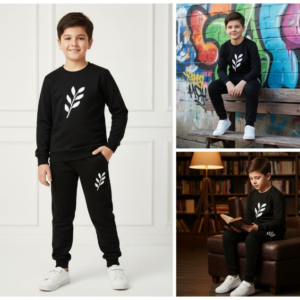 22da6e277cdadbc3a1cdf5e90ba3d167 Kids Printed Stylish Black & Black Tracksuit Set | Winter Fleece Sweatshirt & Trouser Outfit for Boys & Girls – Warm & Trendy FOR BABU AND KIDS