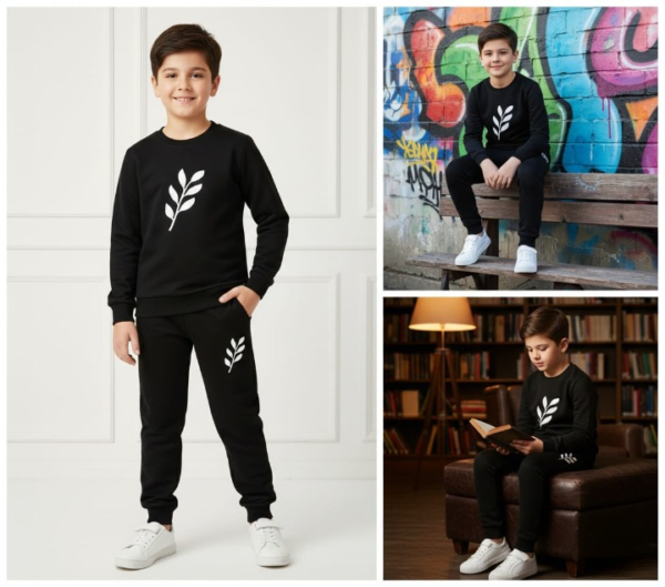 22da6e277cdadbc3a1cdf5e90ba3d167 Kids Printed Stylish Black & Black Tracksuit Set | Winter Fleece Sweatshirt & Trouser Outfit for Boys & Girls – Warm & Trendy FOR BABU AND KIDS