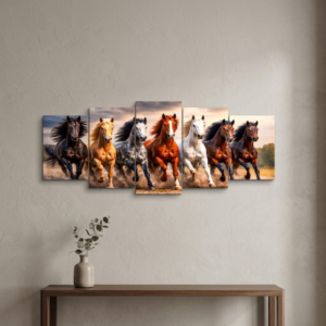 24521c232fc1745b0249ab70602e1c55 Seven Galloping Horses Panoramic Wooden Wall Art Frame Set | 5-Piece Majestic Equine Wildlife Sticky Tiles | Modern Success & Speed Decor | 40x16 Inch