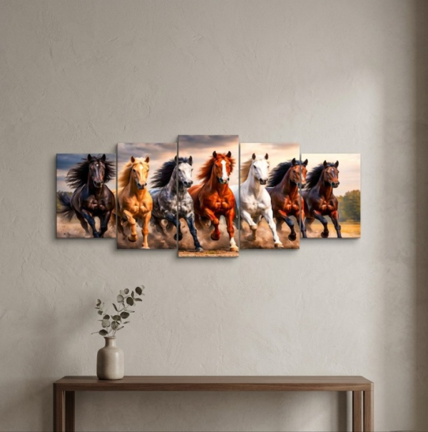 24521c232fc1745b0249ab70602e1c55 Seven Galloping Horses Panoramic Wooden Wall Art Frame Set | 5-Piece Majestic Equine Wildlife Sticky Tiles | Modern Success & Speed Decor | 40x16 Inch