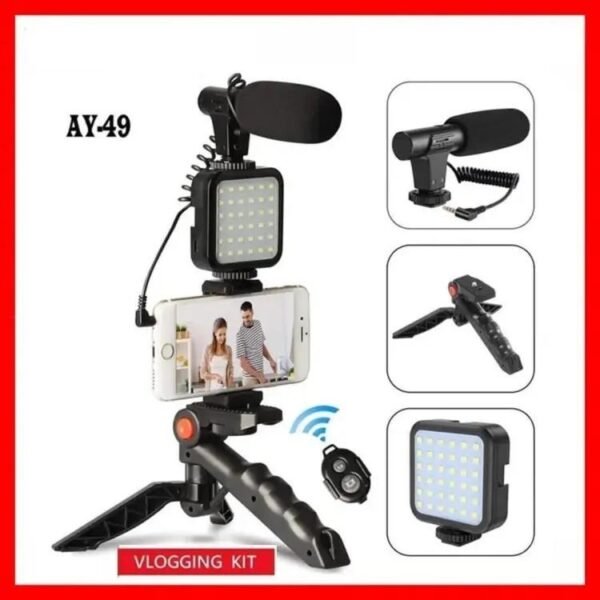 2520895da71c23ac134ed77b7fe1c975 AY-49 Vlogger Kit | Microphone, LED Fill Light, Mini Tripod & Mobile Holder with Remote – Complete Video Making Set for Vlogging With Bluetooth Remote