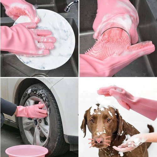 28 Magic Silicone Dish washing Gloves – Reusable Rubber Cleaning Gloves with Built-In Scrubber for Kitchen & Household Use (Random color)