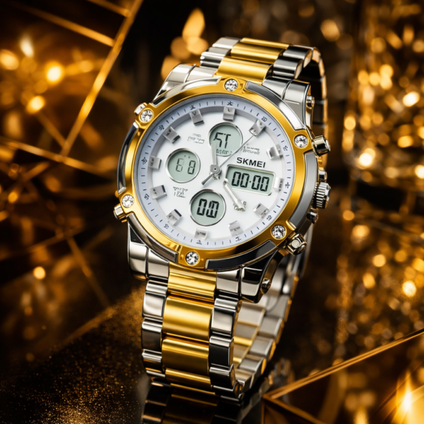 308c10c61389f41f0cf5b7d65f62919d SKMEI 1389 Men’s Digital Analog Business Watch – Two-Tone Gold & Silver Stainless Steel Chronograph with Matte White Dial - without box
