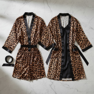 31948d7ecd13f7a934e1b9bc49dcf4bf Couple Leopard Print & Black Satin Sleepwear Set – 4 Pcs Robe & Nightdress Set (DC-1021)