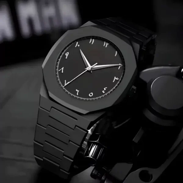 Black Minimalist Analog Wrist Aura Watch With Stainless Steel Strap And Butterfly Lock