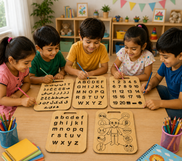 3b976a4fa6dcbee7bcd706c9a53aea0f Educational Wooden Tracing Board Set 5 Pcs – Urdu, English, Numbers & Body Parts Learning Boards