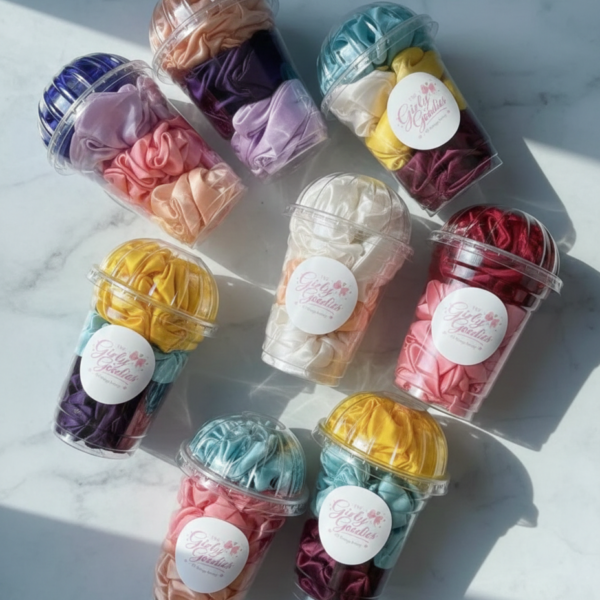 4208934139e5d9499ec834b32fb9ffca 4Pc Colorful Satin Scrunchie Set In Clear Dome Lid Cups With Girly Goodies Label (Random Colour)