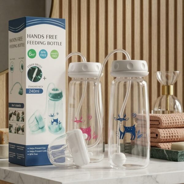 4431e0d357003a515a22261b8fe67bce-1 Hands-Free Baby Feeding Bottle 240ml – Anti-Colic Nursing System with Silicone Straw & Soft Nipple