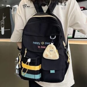 4da211d53e6969af70cfff26a96f8008 Stylish Black Backpack with Blue & Yellow Stripes + Cute Mouse-Shaped Coin Purse | Lightweight, Durable, School & Travel Bag