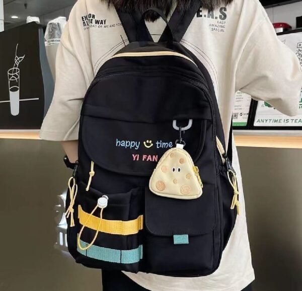4da211d53e6969af70cfff26a96f8008 Stylish Black Backpack with Blue & Yellow Stripes + Cute Mouse-Shaped Coin Purse | Lightweight, Durable, School & Travel Bag