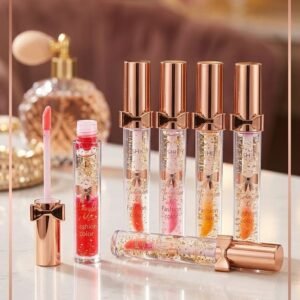 4f74d63095f293b4194427a36c2f3148 Luxury Pink Glossy Lip Oil With Gold Flakes High Shine Moisturizing Formula