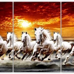 5127f79077a8450bbc9ce1cbb073b667 🌅 Majestic Seven White Horses Running on Porcelain Tile Art - Fiery Sunset Triptych