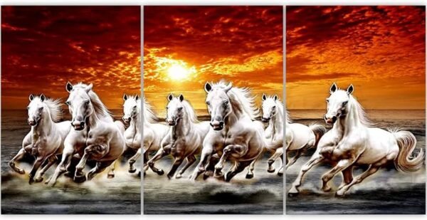 5127f79077a8450bbc9ce1cbb073b667 π
Majestic Seven White Horses Running on Porcelain Tile Art - Fiery Sunset Triptych
