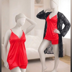 531d987d14703288f4a4555e777e831c 3-Piece Women's Sleepwear Set – Camisole, Shorts & Lace Gown Soft Satin Nightwear Free Size