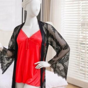 539a572fb9a55c94e13fb55f2393b739 2-Piece Women's Sleepwear Set – Camisole, Shorts & Lace Gown Soft Satin Nightwear Free Size
