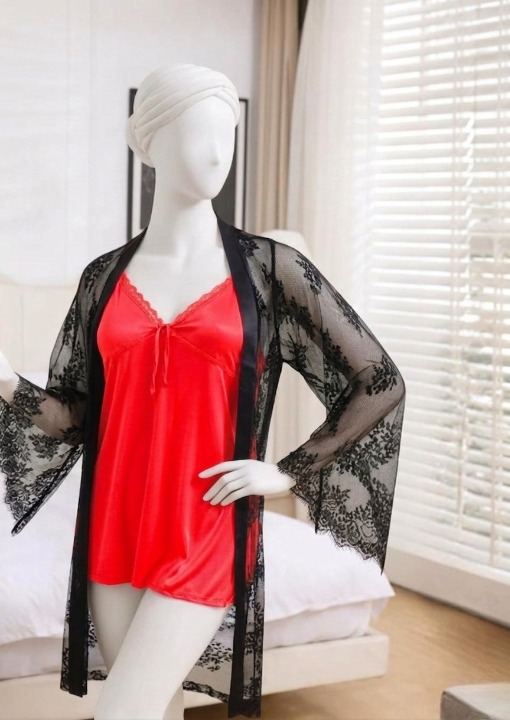 539a572fb9a55c94e13fb55f2393b739 2-Piece Women's Sleepwear Set – Camisole, Shorts & Lace Gown Soft Satin Nightwear Free Size