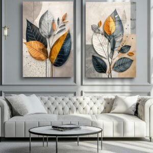 5699508210d440c4330933d26784abc8 Modern 2-Piece Abstract Flower Wall Frame Set – Navy, Mustard & Gray Leaf Designs