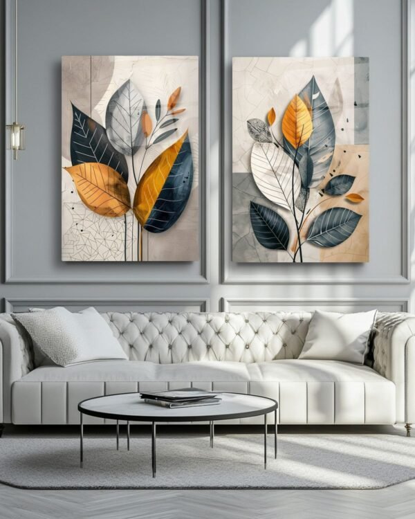 5699508210d440c4330933d26784abc8 Modern 2-Piece Abstract Flower Wall Frame Set – Navy, Mustard & Gray Leaf Designs