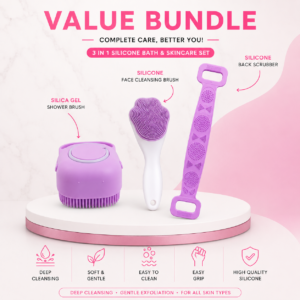 59bd4279672360df37c66c1784183864 3 in 1 Silicone Bath & Skincare Value Bundle – Shower Brush, Back Scrubber & Face Cleansing Brush Set