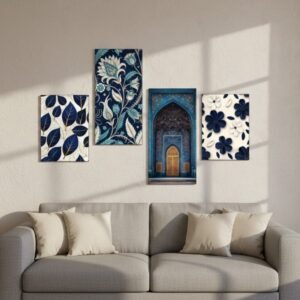 5b7d01446adbb5d637b45a9e59addb63 Set of 4 Blue & White Botanical & Architectural Wall Tiles | Wooden Sticky | 8x16" & 8x11" | Double Tape Included