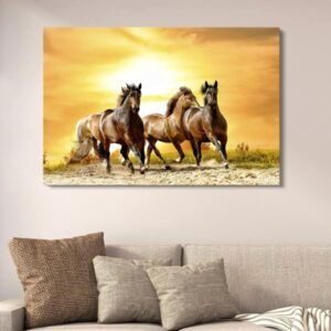 5bd8e037552a805d587d9eab3873200f Golden Sunset Running Horses Canvas Art | Seven Horses Vastu Wall Decor | Artistic Animal Painting for Home | 12x16 Inches