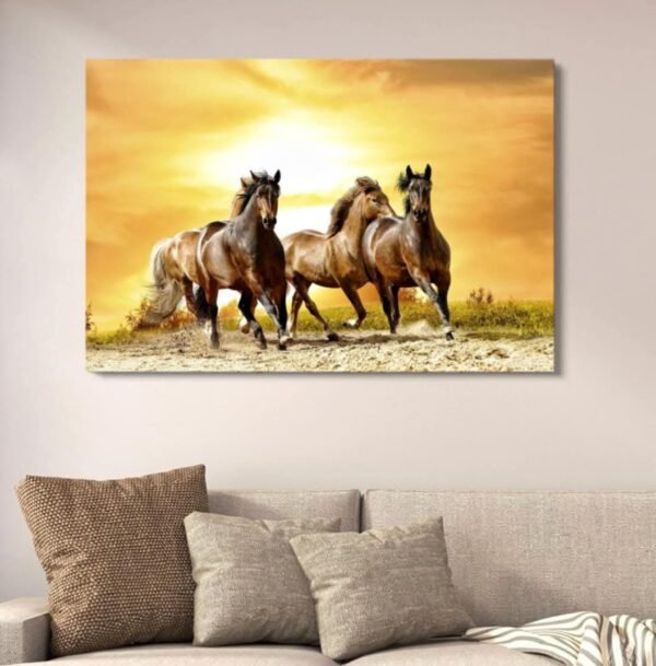 5bd8e037552a805d587d9eab3873200f Golden Sunset Running Horses Canvas Art | Seven Horses Vastu Wall Decor | Artistic Animal Painting for Home | 12x16 Inches
