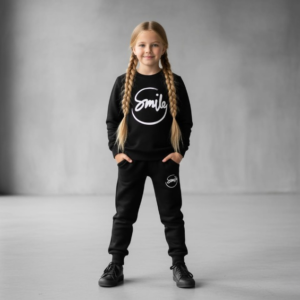 5db34d27d0ebb4875408dacfb52b7c1f Kids SMILE Printed Stylish Black & Black Tracksuit Set | Winter Fleece Sweatshirt & Trouser Outfit for Boys & Girls – Warm & Trendy FOR BABY AND KIDS
