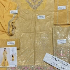 63bca43a88726e49d78eb7e7f0dcbb9d Zarmeen Emaan Artical-945 Fancy Embroidered Shirt Front Back Sleeves Neckline And Daman Patch With Viscose Trouser And Pure Bamber Dupatta