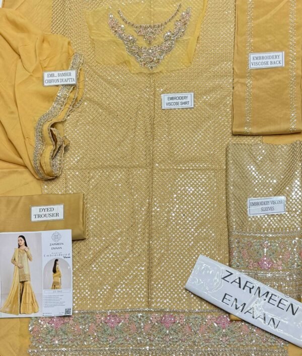 63bca43a88726e49d78eb7e7f0dcbb9d Zarmeen Emaan Artical-945 Fancy Embroidered Shirt Front Back Sleeves Neckline And Daman Patch With Viscose Trouser And Pure Bamber Dupatta