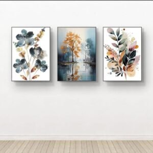 66649175e14c748eae0b2fc1449a4df1 Nature-Inspired Wall Art Set – 3 Wooden Frames (8x11”) with Botanical & Landscape Designs | Easy Wall Mounting with Double Tape