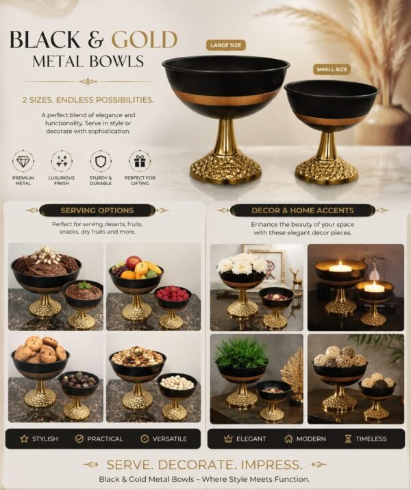 68eac46b7cf0e21ba97ff3ab911346b7 Luxury Metal Decorative Bowl Black & Gold Finish | Premium Centerpiece Bowl for Home Decor, Dining Table & Gift Use | Size 25x25x25cm