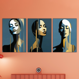 Set of 3 Inspirational Wall Art Wooden Phototile Frames – Abstract Portraits with Gold Accents, 8x11 Inch MDF, Ready to Stick