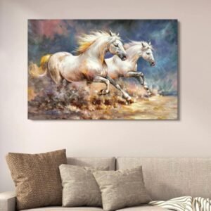 6e1408051032d611770a062eac5308a1 Two Galloping White Horses On The Plains Canvas Wall Art With Double Tape | 12x16 Inches