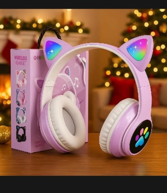 Oplus_131072 Cat Ear Wireless Bluetooth Headphones with RGB LED Lights & Built-in Mic – Stereo Bass Sound, Bluetooth & AUX Mode, Adjustable Over-Ear Headset for Kids, Teens & Girls