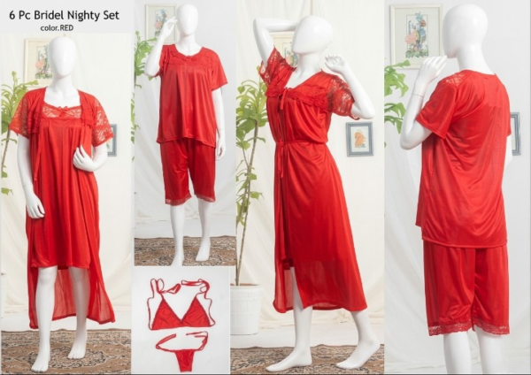 716de26c966314ee6f37a3e6769e4b3e 6 PCs Bridal Satin Nighty Set with Matching Thong & Bralette Free Size