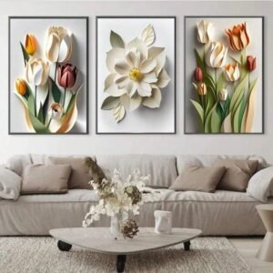 74a268f815c03e088bf119f808afa6c6 Modern 3D Effect Floral Wall Art Frames Set of 3 Elegant Paper Cut Style Tulips Blossoms Home Decor Size 8x11 Inches Each with Double Sided Tape