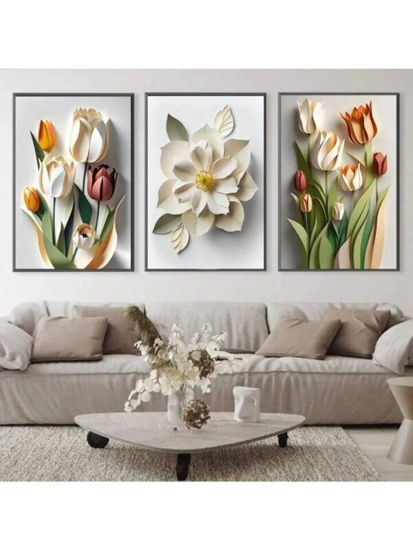 74a268f815c03e088bf119f808afa6c6 Modern 3D Effect Floral Wall Art Frames Set of 3 Elegant Paper Cut Style Tulips Blossoms Home Decor Size 8x11 Inches Each with Double Sided Tape