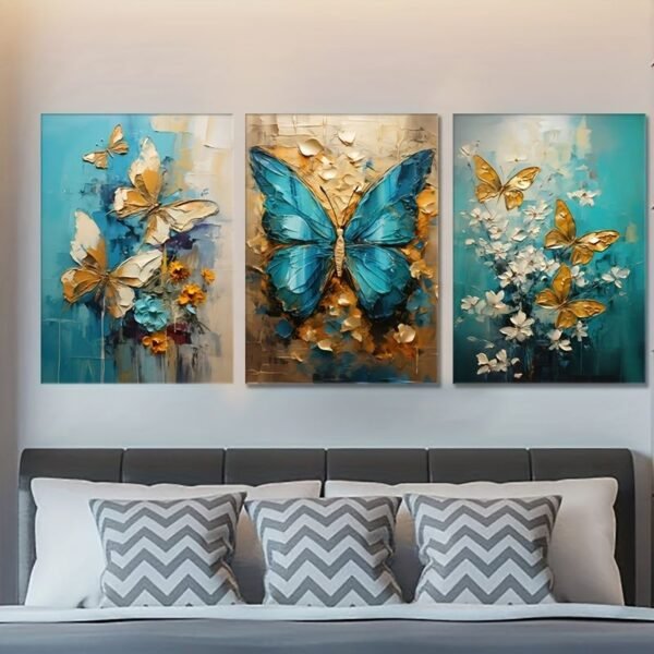 761112c0cba14a13d6dc6403aa5ad5ff Luxury 3-Piece Butterfly & Floral Wall Frame Set – Textured Gold & Blue Art for Modern Bedrooms